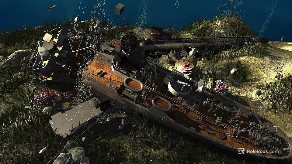 Underwater Shipwreck Landscape With Wreckage Seaweed Coral And Marine Life 3d model 