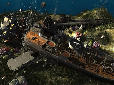 Underwater Shipwreck Landscape With Wreckage Seaweed Coral And Marine Life 3d model