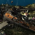 Underwater Shipwreck Landscape With Wreckage Seaweed Coral And Marine Life