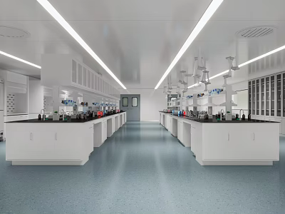 Modern Laboratory Interior With White Lab Benches Blue Flooring Ceiling Lights And Equipment 3d model