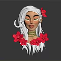 3D Game and Movie Character Portrait With Long White Hair Green Eyes and Pink Flowers