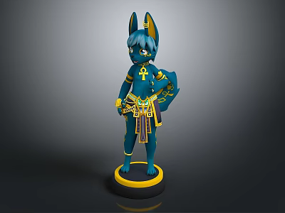 Blue Egyptian Game And Movie Character With Ears Tail Golden Decorations On Black Yellow Base 3d model