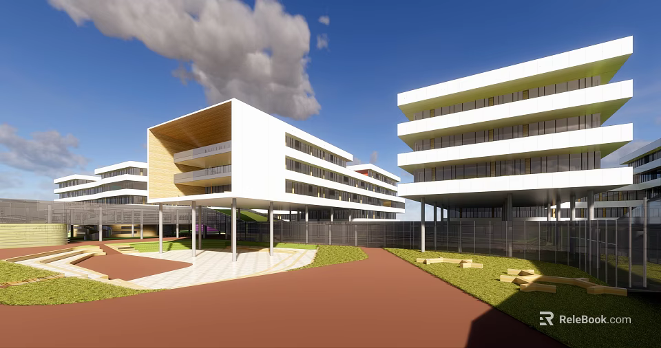 Modern Campus Buildings Featuring White Facades Multiple Floors And Landscaped Courtyards 3d model 