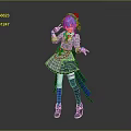 Blue Haired Character In Plaid Outfit With Bow Holding Small Animal Toy Against Gray Backdrop