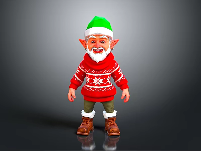 Christmas Elf Figure With Green Hat Red Snowflake Sweater White Beard And Brown Boots 3d model