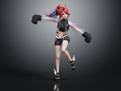 Red Haired Fantasy Character Leaping With Mythical Creature And Winged Accessories 3d model