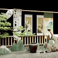 Traditional Chinese Setting With Man Holding Vessel Bonsai Scrolls Bamboo And Mountain Decorations