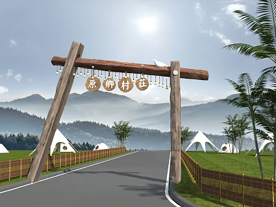 Commercial Equipment Including Camping Tents and Wooden Arch for Resort Entrance with Mountain View 3d model