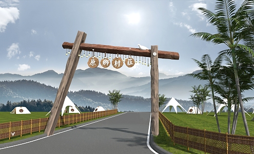 Wood landscape gate simple gate homestay entrance village entrance landscape wall camping base entrance farm 3d model