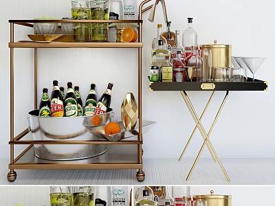 Stylish Commercial Bar Carts With Multi Tier Gold Frame And Storage For Bottles Glassware 3d model