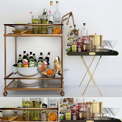 Stylish Commercial Bar Carts With Multi Tier Gold Frame And Storage For Bottles Glassware 3d model