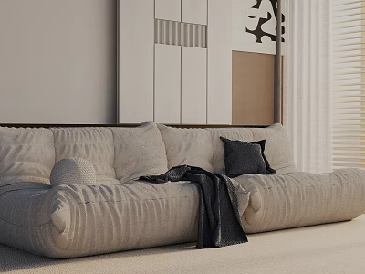 Three Seater Sofa With Soft Pillows And Blanket In Modern Living Room Interior 3d model