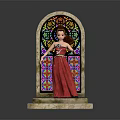 Elegant Woman In Red Dress Standing By Stained Glass Window On Stone Platform