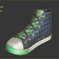 High Top Canvas Shoes With Blue Plaid Pattern Green Laces And White Toe Cap