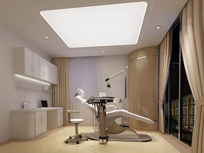 Modern Dental Clinic Interior With Dental Chair Medical Equipment White Cabinets And Bright Lighting 3d model