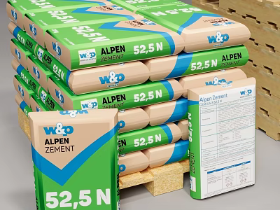 W&D ALPEN 52.5N Cement Bags In Green Packaging Stacked On Wooden Pallets 3d model