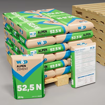 W&D ALPEN 52.5N Cement Bags In Green Packaging Stacked On Wooden Pallets 3d model