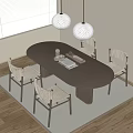 Modern Oval Brown Dining Table Set with 4 Woven Rattan Chairs and Hanging Lamps