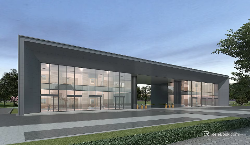 Modern Building Entrance Gate With Glass Curtain Wall Gray Exterior Spacious Area And Green Lawn 3d model 