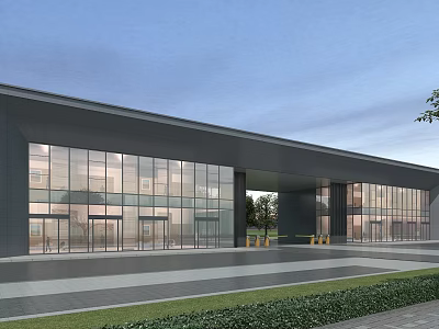 Modern Building Entrance Gate With Glass Curtain Wall Gray Exterior Spacious Area And Green Lawn 3d model