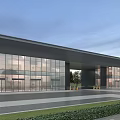 Modern Building Entrance Gate With Glass Curtain Wall Gray Exterior Spacious Area And Green Lawn
