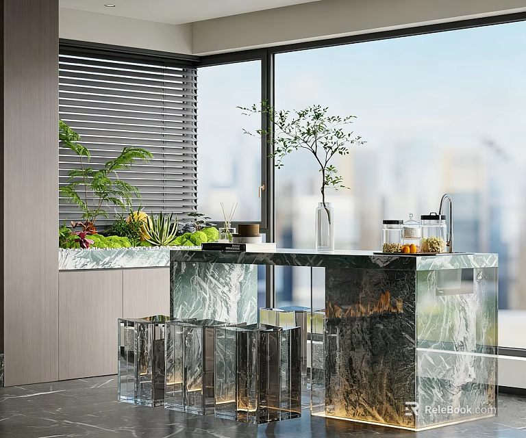 Elegant Modern Tea Table And Chairs With Marble Top Glass Stools And City View 3d model 
