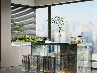 Elegant Modern Tea Table And Chairs With Marble Top Glass Stools And City View 3d model