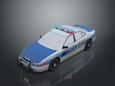 Blue And White Police Car With Flashing Emergency Lights And Sedan Exterior Design 3d model