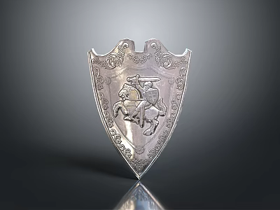 Silver Decorative Shield Featuring Ornate Carvings and Knight on Horseback Design 3d model