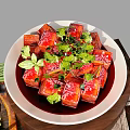 Braised Pork Cubes in Red Sauce with Scallions Coriander Mushrooms and Garlic on Wooden Table