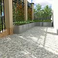 Serene Garden Landscape With Wooden Pergola Black Iron Fence Pebble Stone Floor And Outdoor Seating