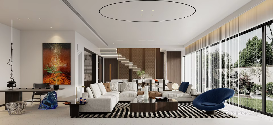 Modern Living Dining Room Interior With White Sofa Blue Armchair And Black White Striped Rug 3d model 