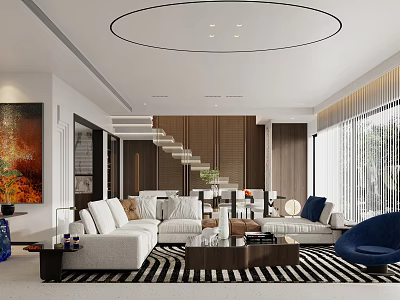Modern Living Dining Room Interior With White Sofa Blue Armchair And Black White Striped Rug 3d model