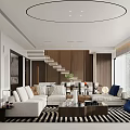 Modern Living Dining Room Interior With White Sofa Blue Armchair And Black White Striped Rug