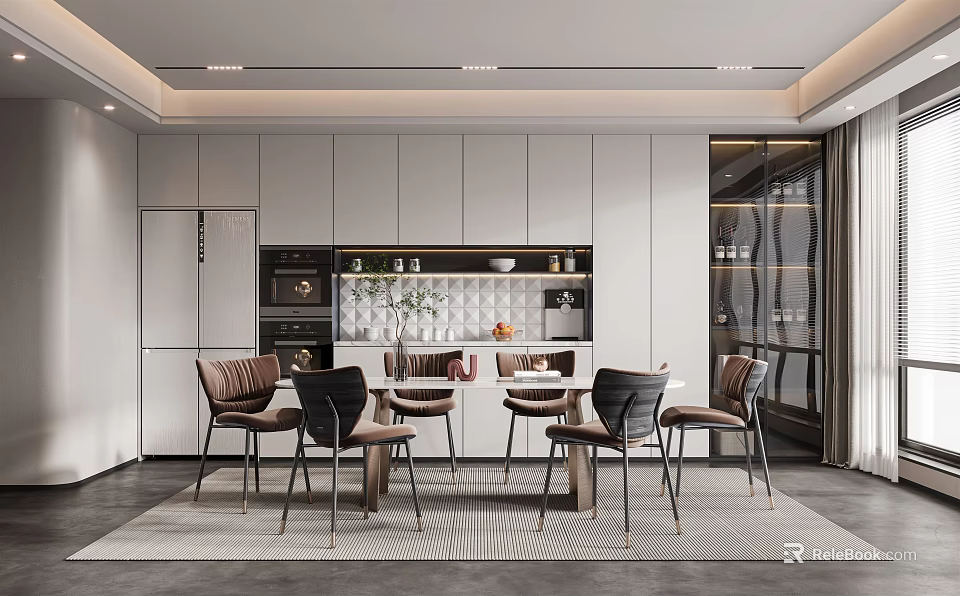 Modern Open Concept Restaurant Interior With Dining Table Chairs And White Cabinets 3d model 