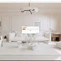 Modern Elegant Living Room With White Sofa Glass Coffee Table Chandelier Green Plants And Rug