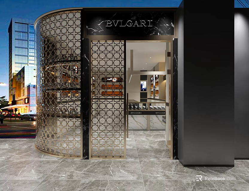 BVLGARI Luxury Boutique With Perforated Metal Entrance And Marble Floor Interior 3d model 