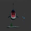 Shark Aquatic Animal with Open Mouth Small Fish Bubbles and Aquatic Plants on Water Ripples