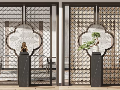 Traditional Chinese Lattice Design Partition With Decorative Plant For Interior Space 3d model