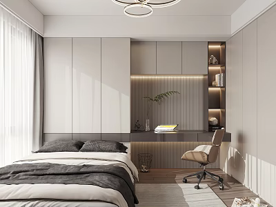 Modern Tatami Bedroom with Bed Desk Chair Bookshelf with LED Lighting and White Curtains 3d model