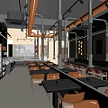 Modern Industrial Hotpot Restaurant Interior With Wooden Dining Tables And Decorative Copper Pipes