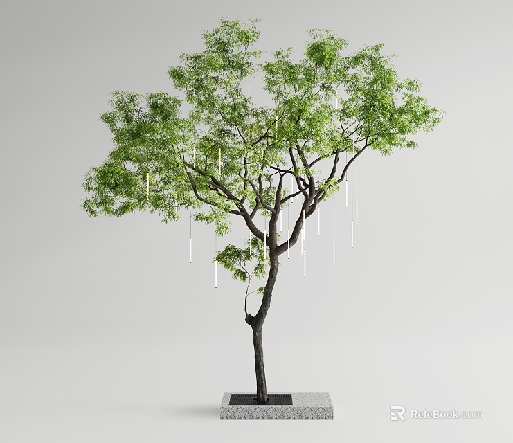 Arbor with Green Leaves and Black Trunk Adorned with White Elongated Objects on Square Base 3d model 