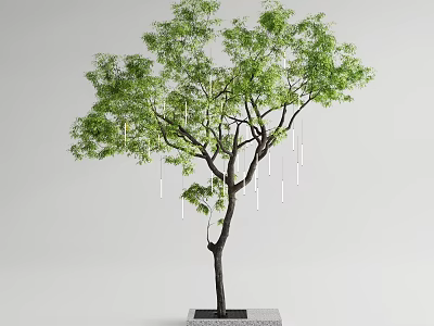 Arbor with Green Leaves and Black Trunk Adorned with White Elongated Objects on Square Base 3d model