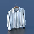 White Striped Collared Long Sleeve Shirt Hanging On Hanger With Blue Background