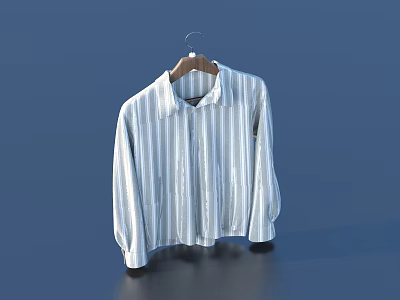 White Striped Collared Long Sleeve Shirt Hanging On Hanger With Blue Background 3d model