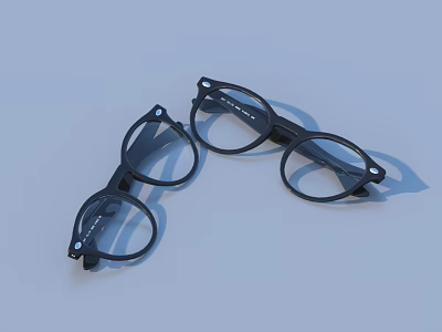 Two Pairs of Black Round Frame Eyeglasses Lying On Light Blue Background 3d model
