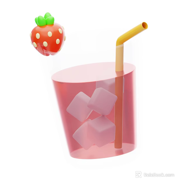 Refreshing Pink Beverage with Yellow Straw Fresh Strawberry and Pink Ice Cubes in Transparent Cup 3d model 