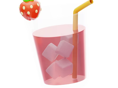 Refreshing Pink Beverage with Yellow Straw Fresh Strawberry and Pink Ice Cubes in Transparent Cup 3d model