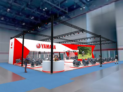 Yamaha Red And White Exhibition Booth With Truss Structure Motorcycles On Display And Reception Counter 3d model