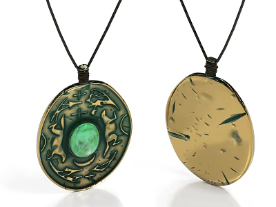 Jewelry Pendant With Green Gemstone Carved Patterns Golden Back And Leather Cord Design 3d model